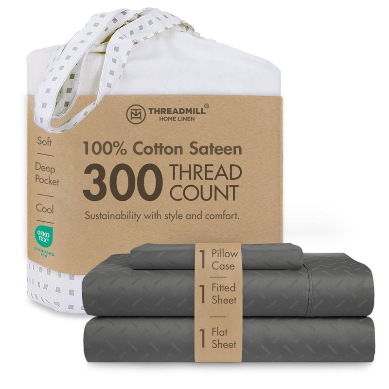 Threadmill Cotton Twin Sheet Set | 100% Cotton Sheets for Twin Size Bed | Damask Jacquard Sateen Twin Bed Sheets Set with 16â€ Deep Pocket | Soft Breathable 3-Piece Cooling Sheet Set | Dark Grey - Image 1